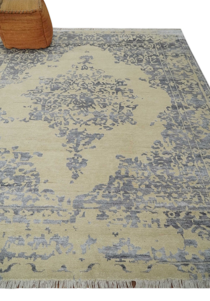 8x10 Beige, Charcoal and Silver Traditional Medallion Hand Knotted Wool and Bamboo Silk Area Rug - The Rug Decor