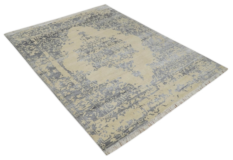 8x10 Beige, Charcoal and Silver Traditional Medallion Hand Knotted Wool and Bamboo Silk Area Rug - The Rug Decor
