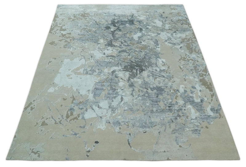 8x10 Beige, Ivory and Charcoal Modern Abstract Handmade Bamboo Silk Area Rug - The Rug Decor