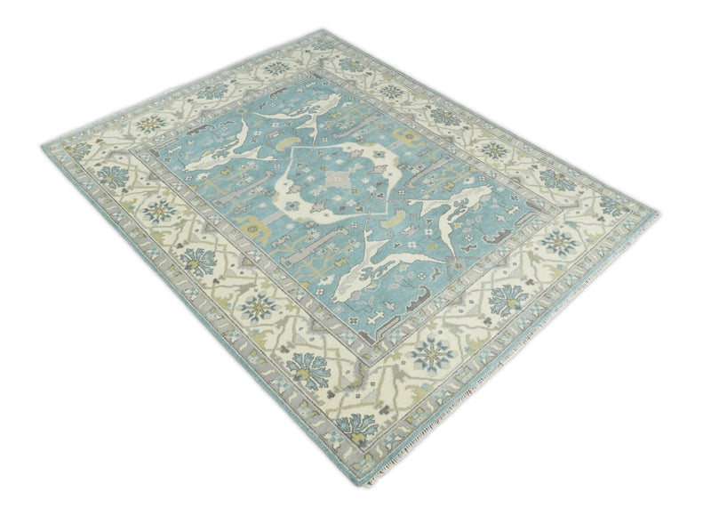 8x10 Blue and Beige Hand Knotted Antique Oushak Large Wool Area Rug | TRDCP248810 - The Rug Decor