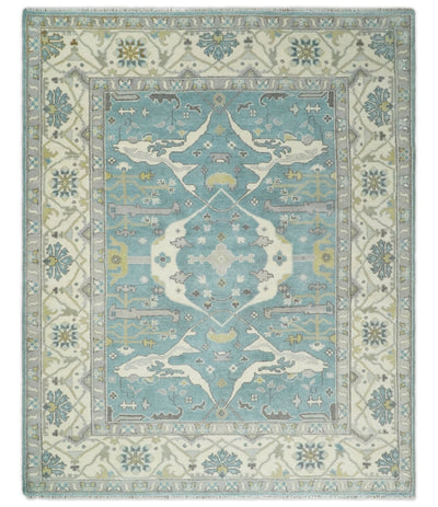 8x10 Blue and Beige Hand Knotted Antique Oushak Large Wool Area Rug | TRDCP248810 - The Rug Decor
