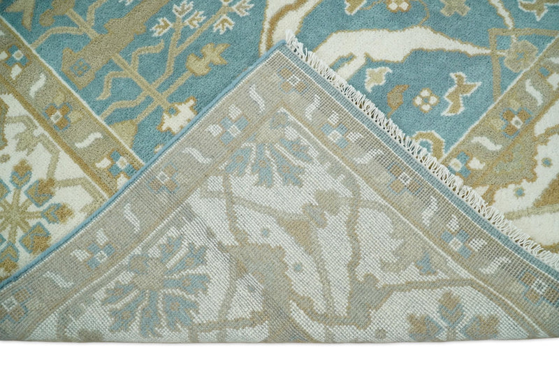 8x10 Blue and Beige Hand Knotted Antique Turkish Oushak Large Wool Area Rug | TRDCP253810 - The Rug Decor