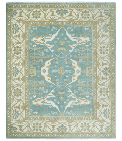 8x10 Blue and Beige Hand Knotted Antique Turkish Oushak Large Wool Area Rug | TRDCP253810 - The Rug Decor