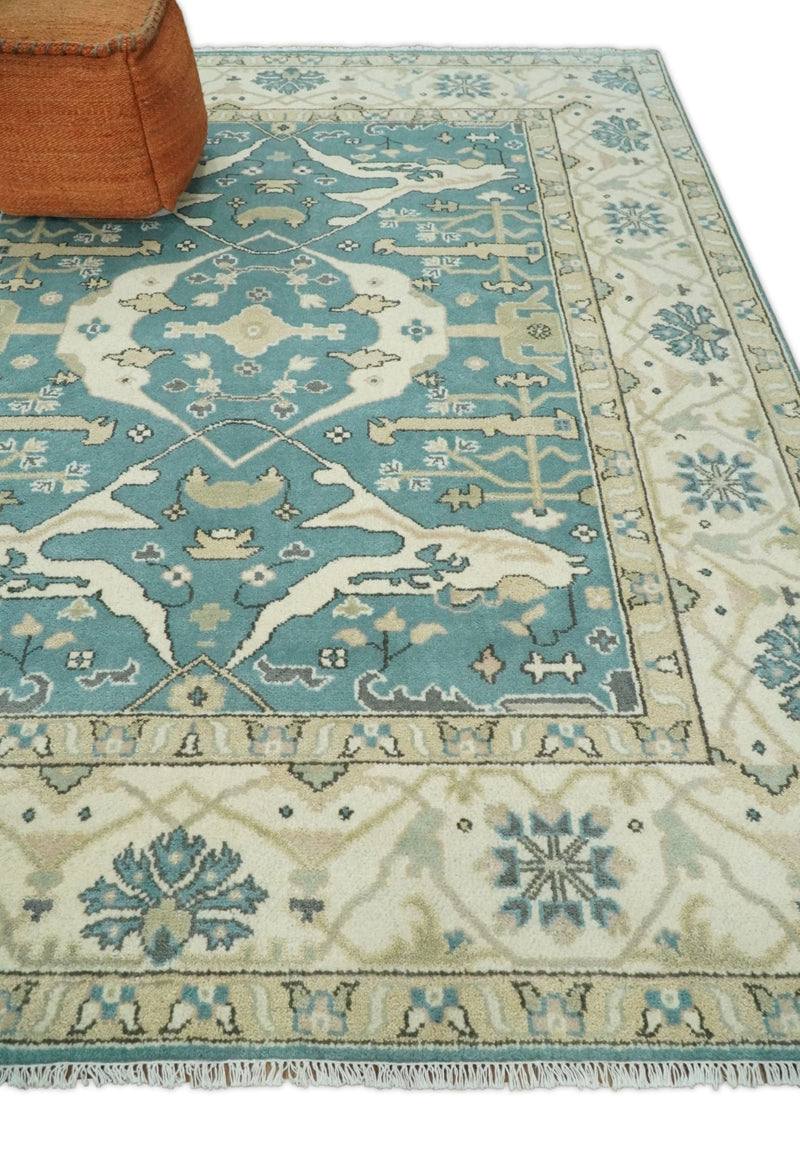 8x10 Blue and Beige Hand Knotted Antique Turkish Oushak Large Wool Area Rug | TRDCP255810 - The Rug Decor
