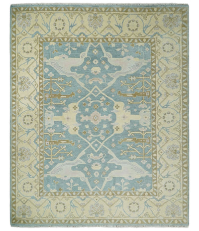 8x10 Blue and Beige Hand Knotted Antique Turkish Oushak Large Wool Area Rug | TRDCP258810 - The Rug Decor