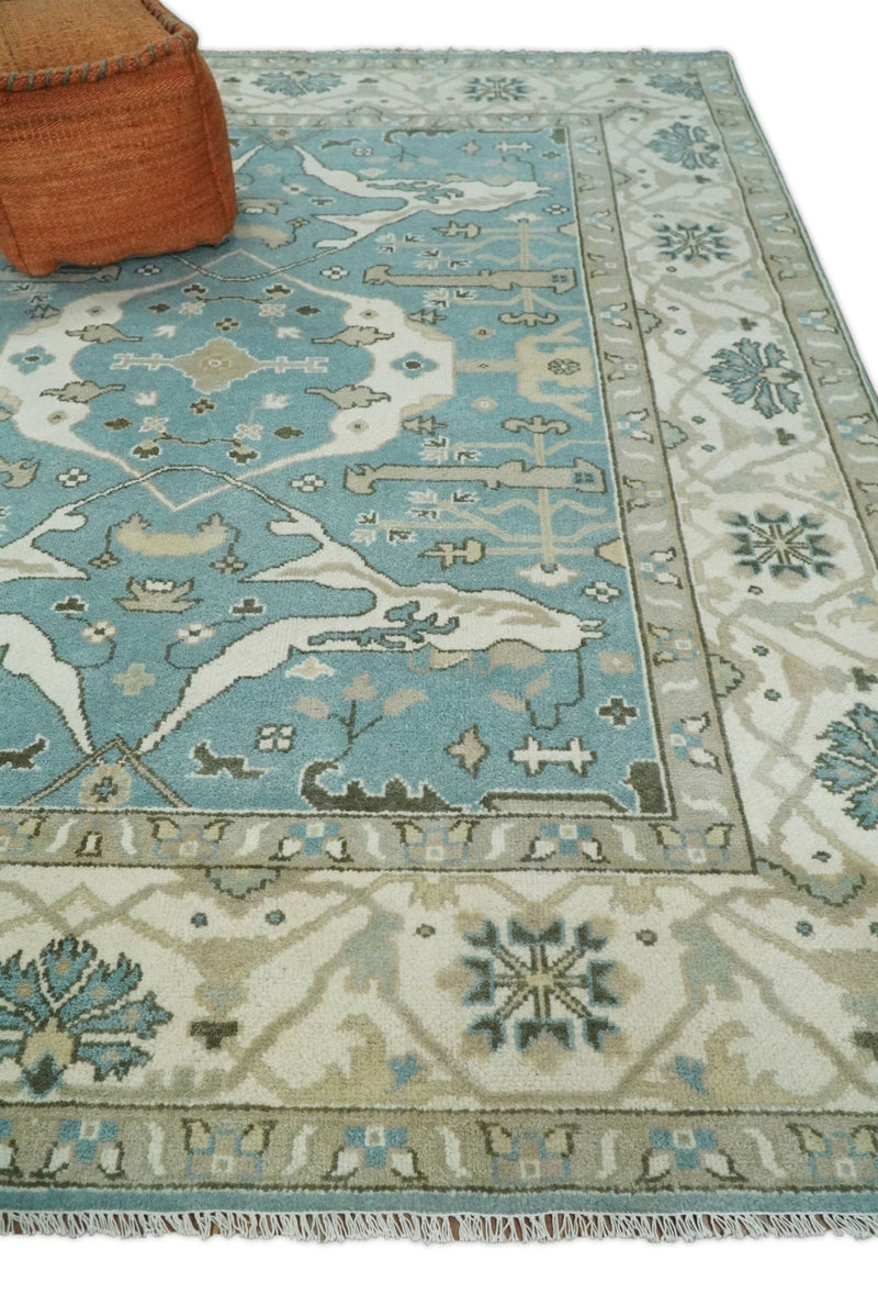 8x10 Blue and Beige Hand Knotted Antique Turkish Oushak Large Wool Area Rug | TRDCP259810 - The Rug Decor