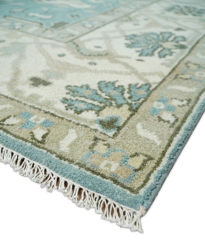 8x10 Blue and Beige Hand Knotted Antique Turkish Oushak Large Wool Area Rug | TRDCP259810 - The Rug Decor