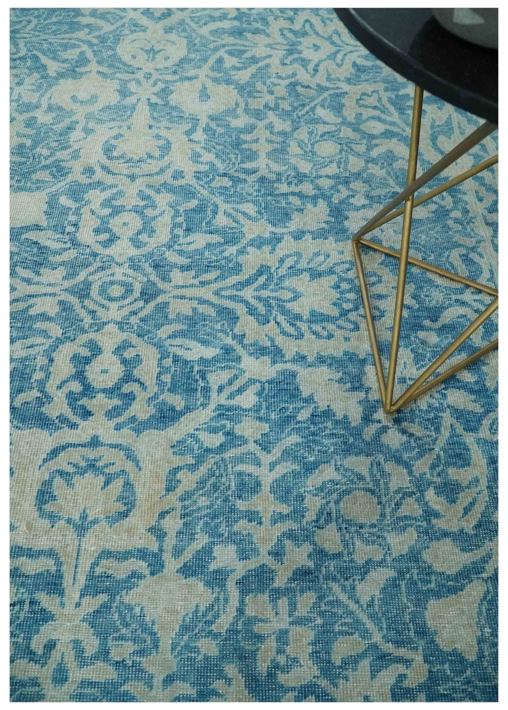 8x10 Blue and Camel Distressed Finish Low Pile Traditional Hand Knotted Wool Rug - The Rug Decor