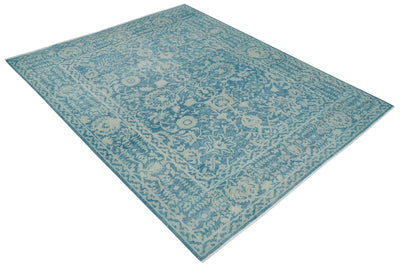 8x10 Blue and Camel Distressed Finish Low Pile Traditional Hand Knotted Wool Rug - The Rug Decor