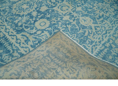 8x10 Blue and Camel Distressed Finish Low Pile Traditional Hand Knotted Wool Rug - The Rug Decor
