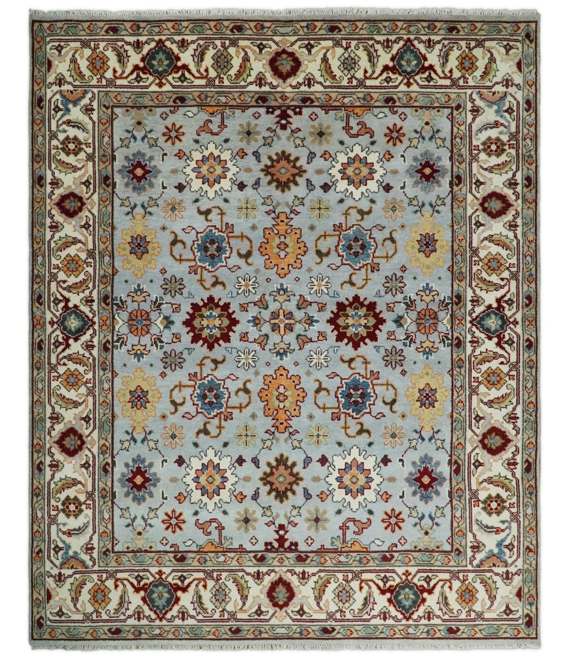 8x10 Blue and Ivory Hand Knotted Antique Turkish Oushak Large Wool Area Rug | TRDCP405810 - The Rug Decor