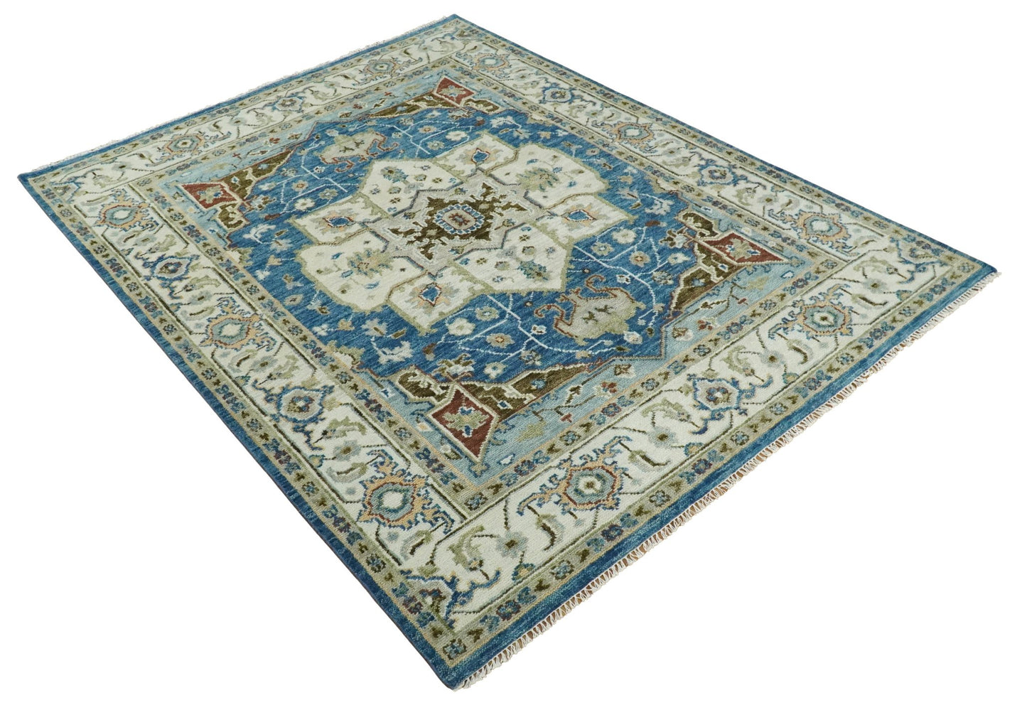 8x10 Blue and Ivory Wool Traditional Persian Antique Vintage Hand knotted Oushak Area Rug | TRDCP207810 - The Rug Decor