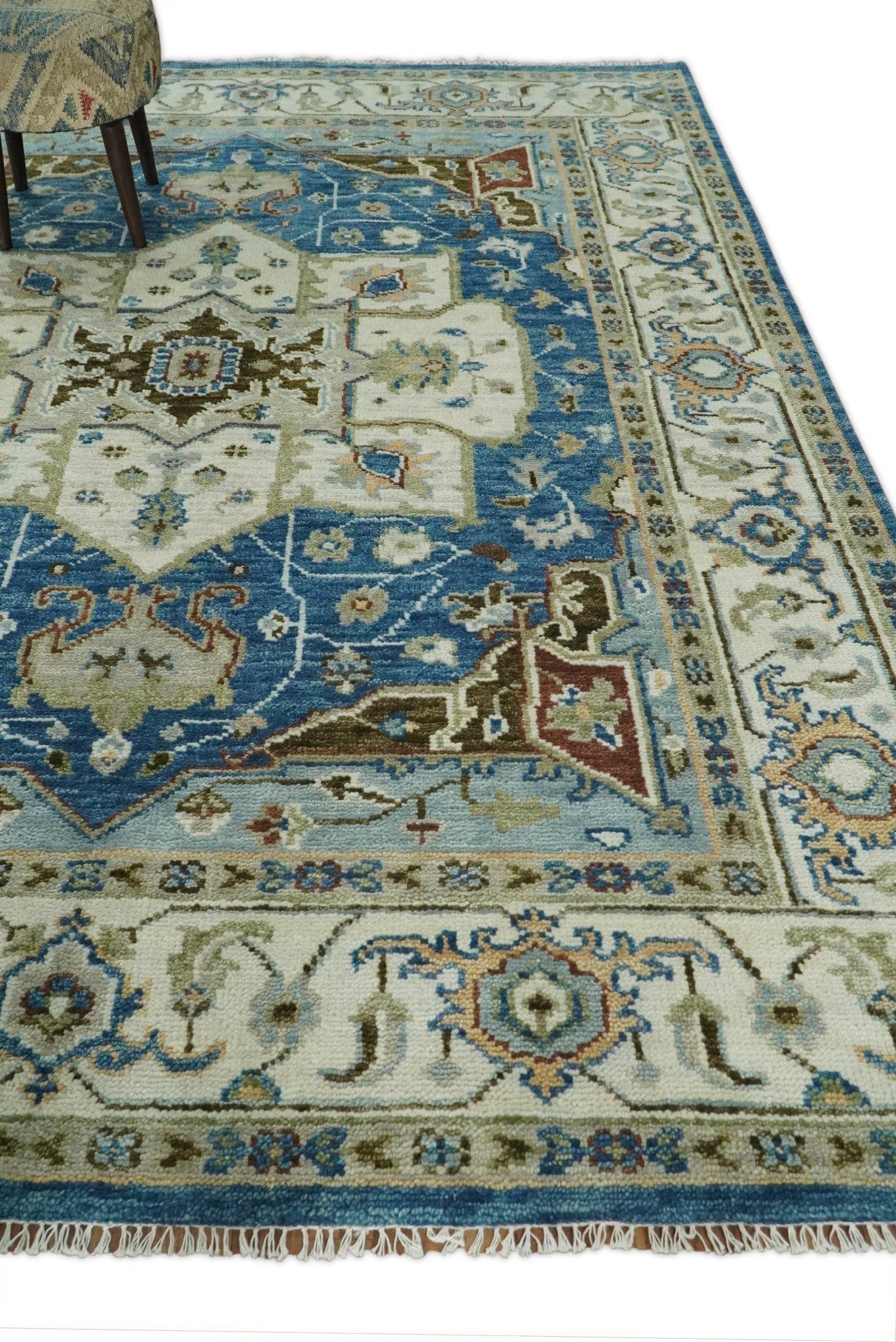 8x10 Blue and Ivory Wool Traditional Persian Antique Vintage Hand knotted Oushak Area Rug | TRDCP207810 - The Rug Decor