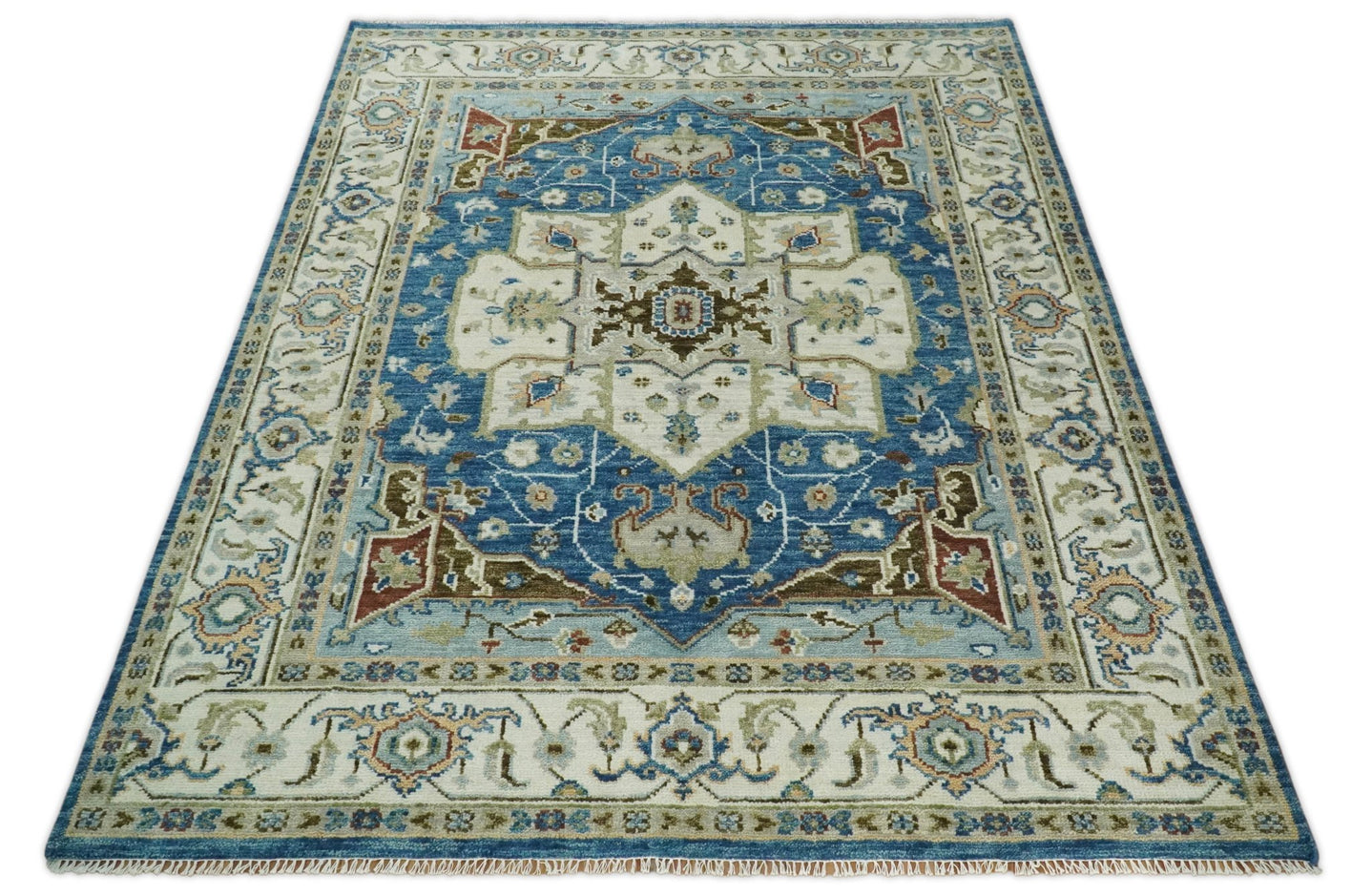 8x10 Blue and Ivory Wool Traditional Persian Antique Vintage Hand knotted Oushak Area Rug | TRDCP207810 - The Rug Decor