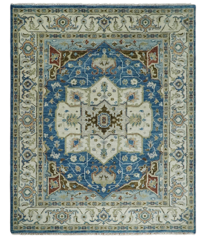8x10 Blue and Ivory Wool Traditional Persian Antique Vintage Hand knotted Oushak Area Rug | TRDCP207810 - The Rug Decor