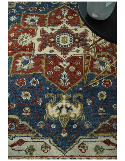 8x10 Blue and Rust Traditional Hand Knotted Heriz Serapi Rug | TRDCP165810 - The Rug Decor