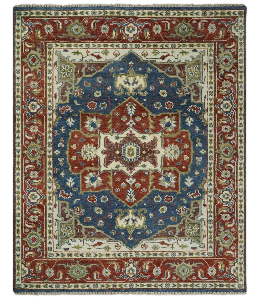 8x10 Blue and Rust Traditional Hand Knotted Heriz Serapi Rug | TRDCP165810 - The Rug Decor