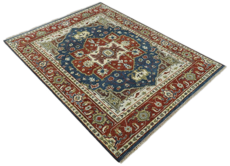 8x10 Blue and Rust Traditional Hand Knotted Heriz Serapi Rug | TRDCP165810 - The Rug Decor