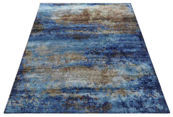8x10 Blue, Beige and Brown Modern Abstract Hand Knotted wool and bamboo Silk Area Rug - The Rug Decor
