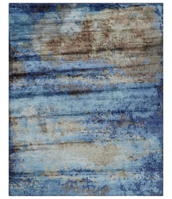 8x10 Blue, Beige and Brown Modern Abstract Hand Knotted wool and bamboo Silk Area Rug - The Rug Decor