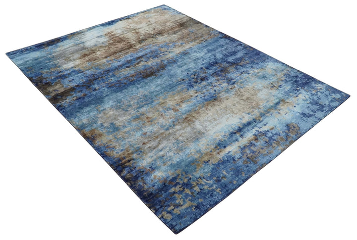 8x10 Blue, Beige and Brown Modern Abstract Hand Knotted wool and bamboo Silk Area Rug - The Rug Decor