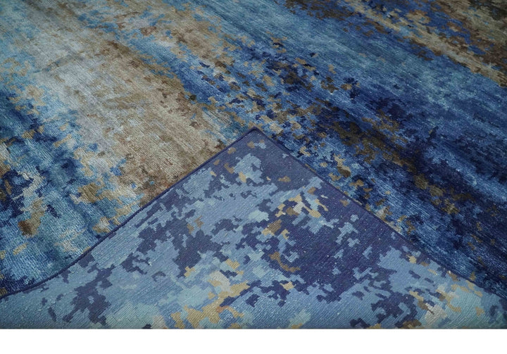 8x10 Blue, Beige and Brown Modern Abstract Hand Knotted wool and bamboo Silk Area Rug - The Rug Decor