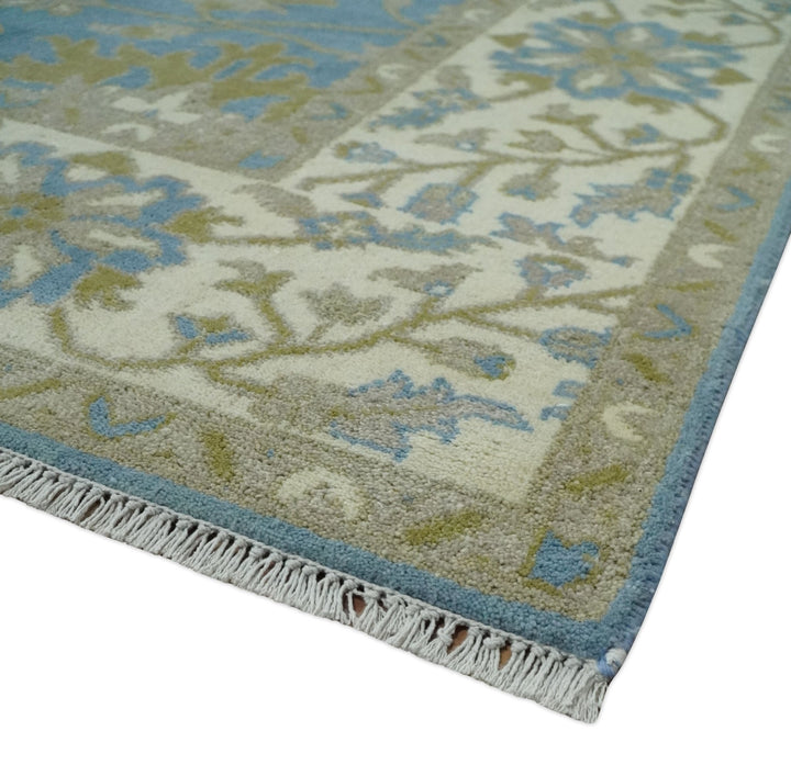 8x10 Blue, Ivory and Olive Hand Knotted Heriz Serapi Floral Area Rug | TRDCP1181810 - The Rug Decor