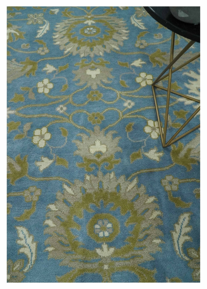 8x10 Blue, Ivory and Olive Hand Knotted Heriz Serapi Floral Area Rug | TRDCP1181810 - The Rug Decor