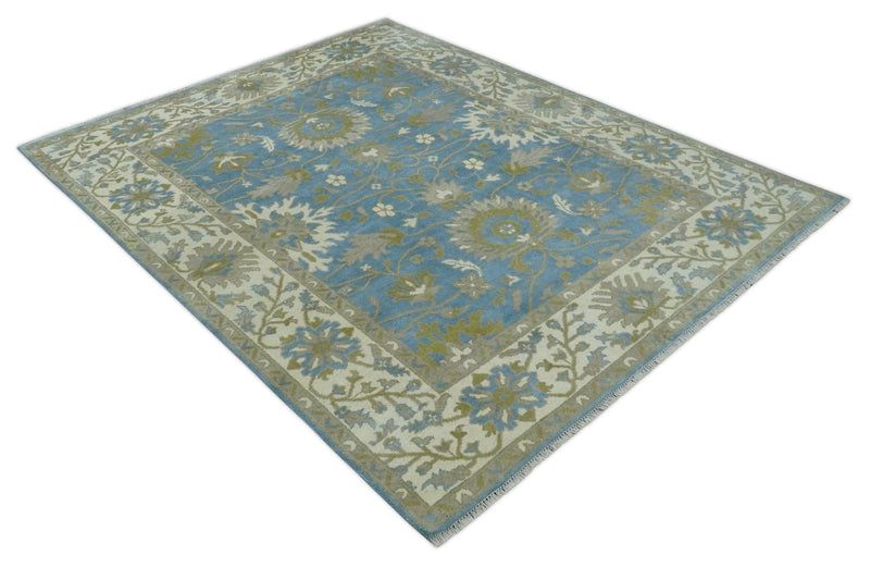 8x10 Blue, Ivory and Olive Hand Knotted Heriz Serapi Floral Area Rug | TRDCP1181810 - The Rug Decor