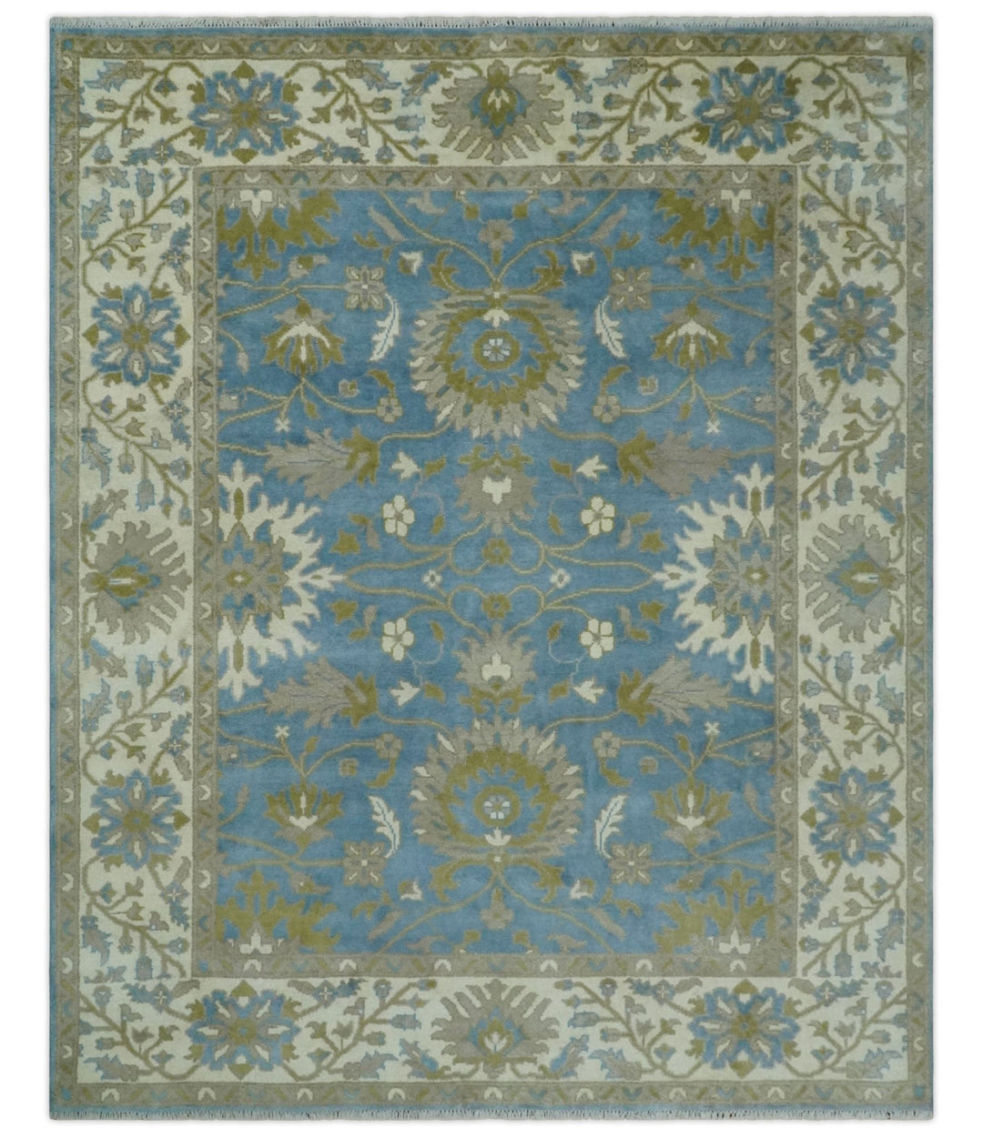 8x10 Blue, Ivory and Olive Hand Knotted Heriz Serapi Floral Area Rug | TRDCP1181810 - The Rug Decor
