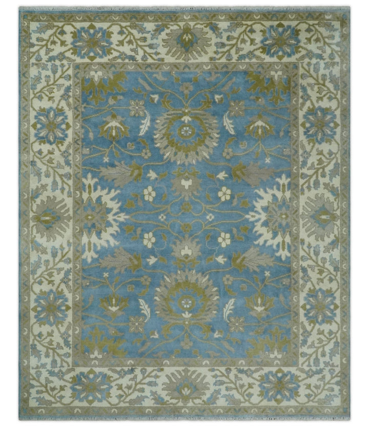 8x10 Blue, Ivory and Olive Hand Knotted Heriz Serapi Floral Area Rug | TRDCP1181810 - The Rug Decor