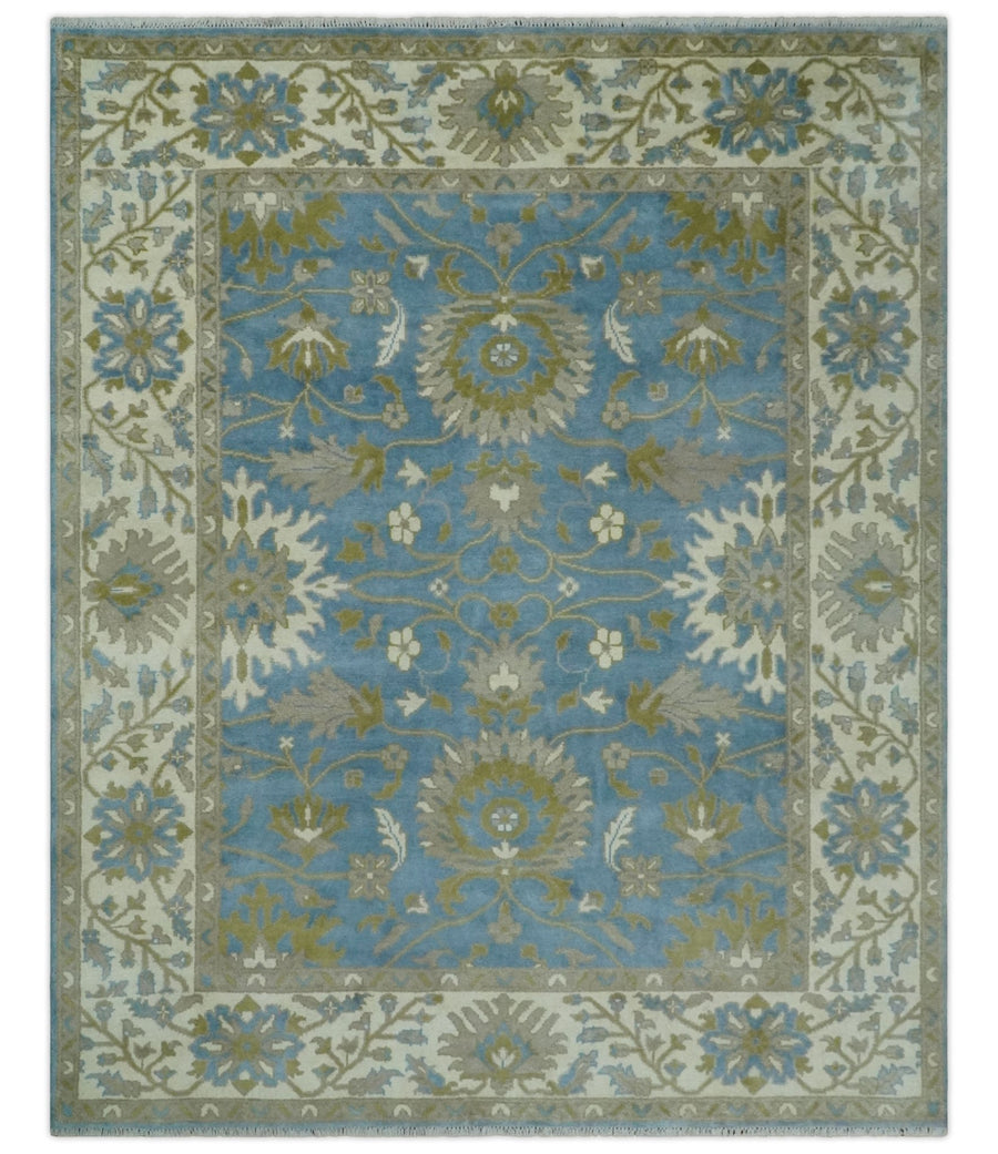 8x10 Blue, Ivory and Olive Hand Knotted Heriz Serapi Floral Area Rug | TRDCP1181810 - The Rug Decor