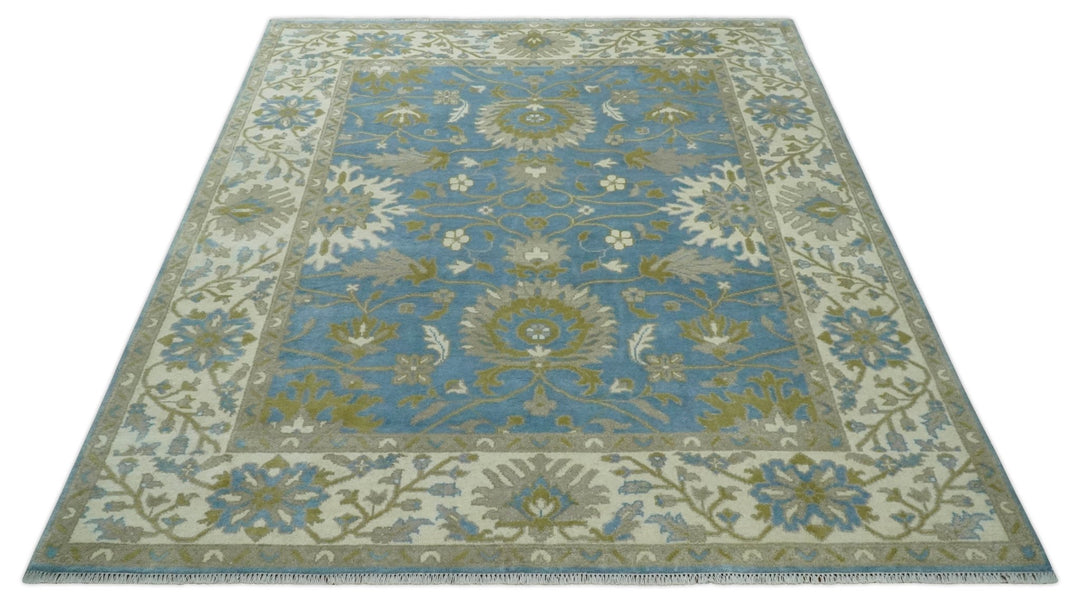 8x10 Blue, Ivory and Olive Hand Knotted Heriz Serapi Floral Area Rug | TRDCP1181810 - The Rug Decor