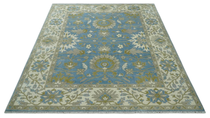 8x10 Blue, Ivory and Olive Hand Knotted Heriz Serapi Floral Area Rug | TRDCP1181810 - The Rug Decor