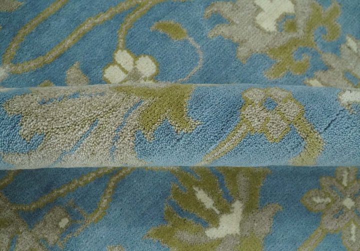 8x10 Blue, Ivory and Olive Hand Knotted Heriz Serapi Floral Area Rug | TRDCP1181810 - The Rug Decor
