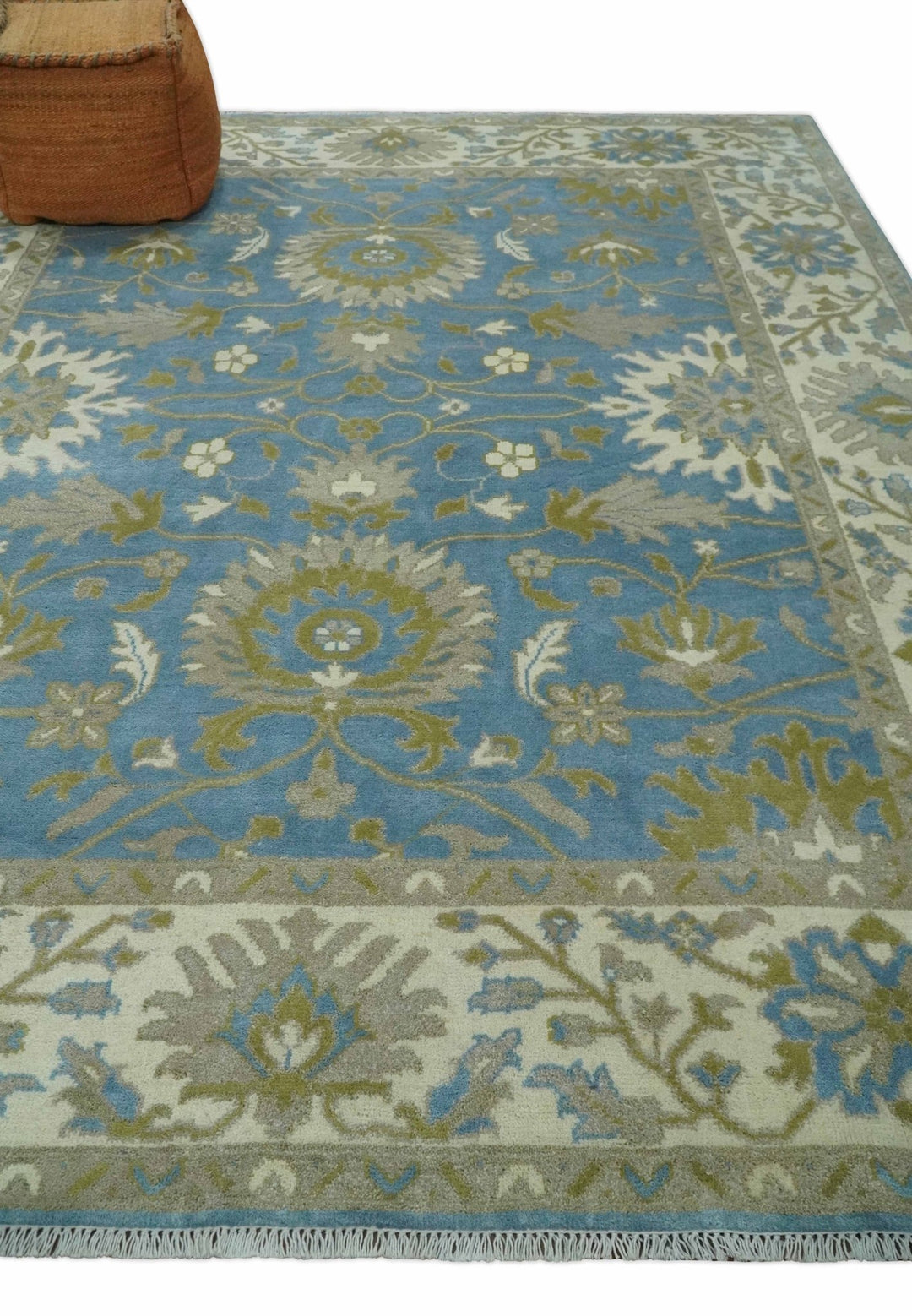 8x10 Blue, Ivory and Olive Hand Knotted Heriz Serapi Floral Area Rug | TRDCP1181810 - The Rug Decor