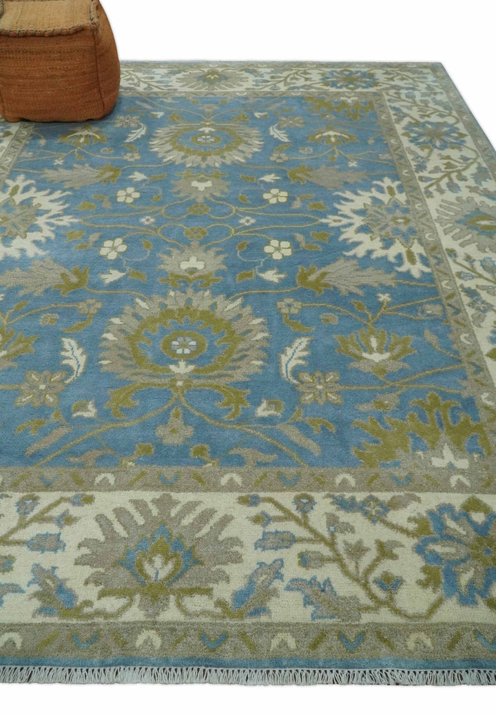 8x10 Blue, Ivory and Olive Hand Knotted Heriz Serapi Floral Area Rug | TRDCP1181810 - The Rug Decor