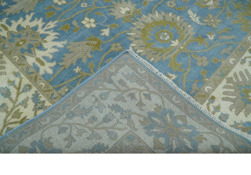8x10 Blue, Ivory and Olive Hand Knotted Heriz Serapi Floral Area Rug | TRDCP1181810 - The Rug Decor