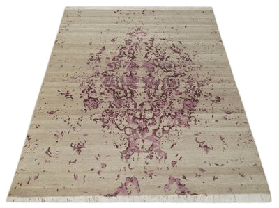 8x10 Camel and Purple Antique Style, Abstract Hand Knotted Low pile Wool Area Rug - The Rug Decor