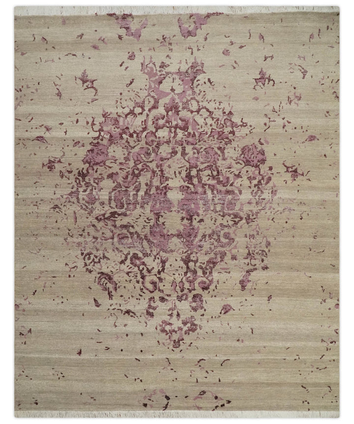8x10 Camel and Purple Antique Style, Abstract Hand Knotted Low pile Wool Area Rug - The Rug Decor