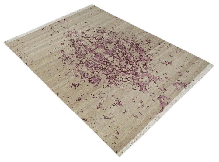 8x10 Camel and Purple Antique Style, Abstract Hand Knotted Low pile Wool Area Rug - The Rug Decor