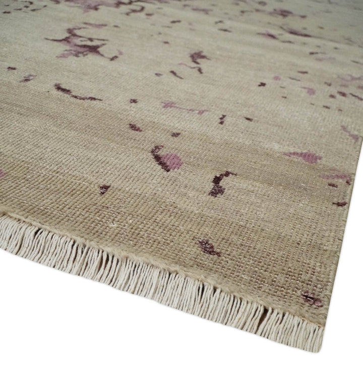 8x10 Camel and Purple Antique Style, Abstract Hand Knotted Low pile Wool Area Rug - The Rug Decor