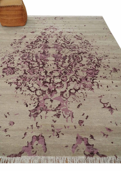 8x10 Camel and Purple Antique Style, Abstract Hand Knotted Low pile Wool Area Rug - The Rug Decor