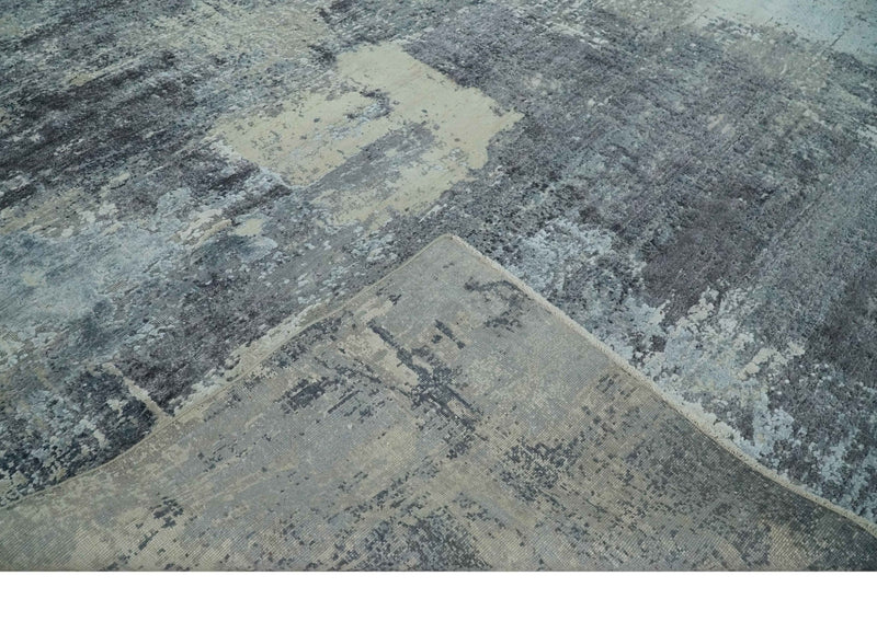 8x10 Charcoal, Beige and Gray Modern Abstract Distressed Finish High Low texture Hand Knotted Rug - The Rug Decor