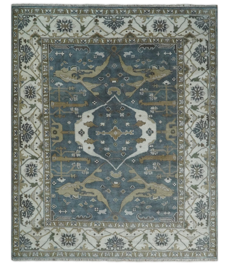 8x10 Charcoal, Ivory and Olive Hand knotted Traditional Oriental Oushak wool Area Rug - The Rug Decor