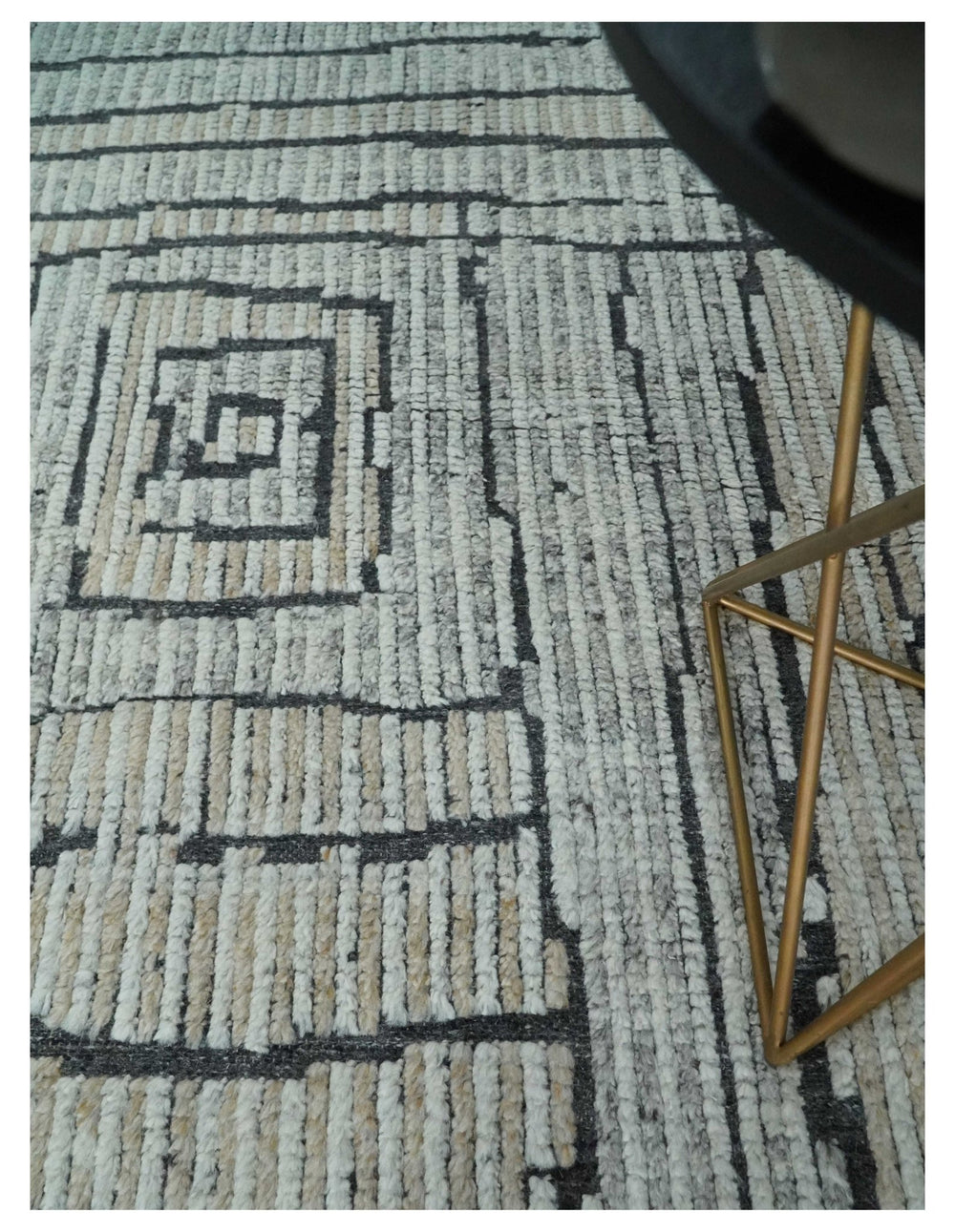 8x10 Contemporary Stripes pattern Beige, Silver and Charcoal Hand knotted wool Area Rug - The Rug Decor