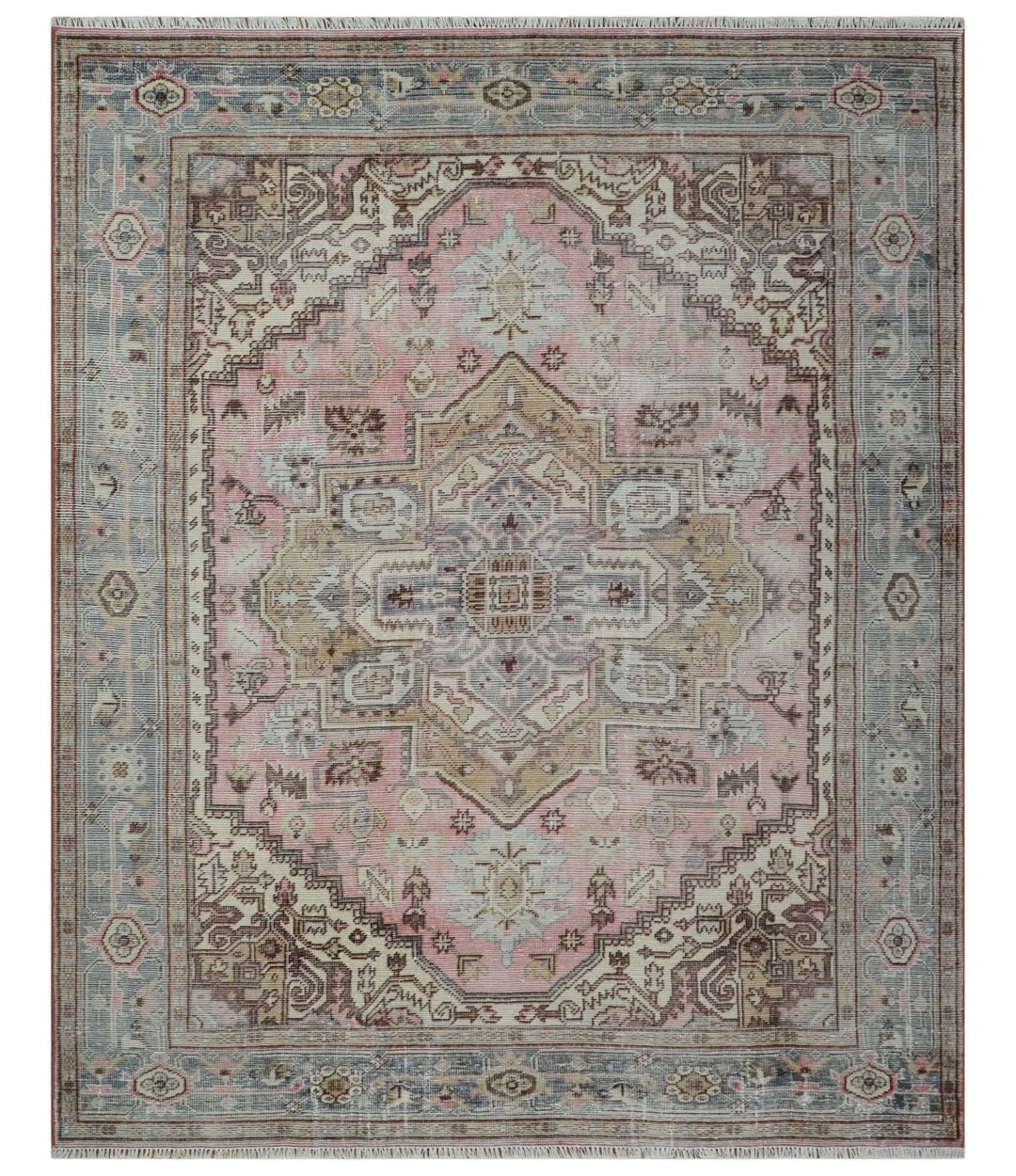 8x10 Distressed Low Pile Hand knotted Beige, Peach and Silver Wool Area Rug - The Rug Decor