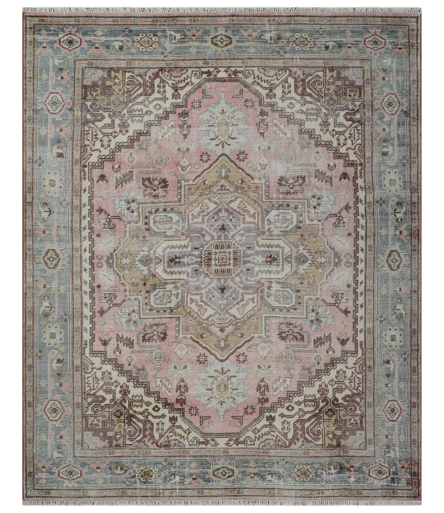 8x10 Distressed Low Pile Hand knotted Beige, Peach and Silver Wool Area Rug - The Rug Decor