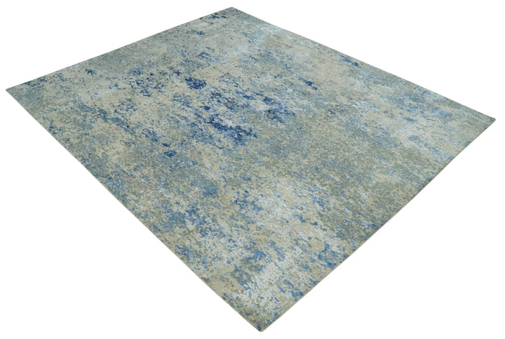 8x10 Fine Blue, Ivory and Beige Hand knotted Abstract wool and Art Silk Area Rug - The Rug Decor