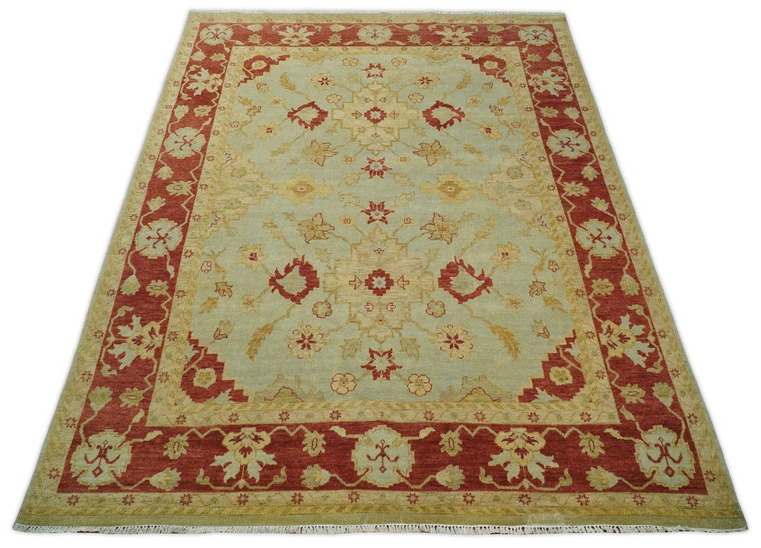 8x10 Fine Hand Knotted Aqua and Rust Traditional Vintage Persian Antique Wool Rug | AGR36 - The Rug Decor
